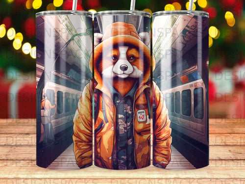 Red panda in orange jacket with backpack on subway.