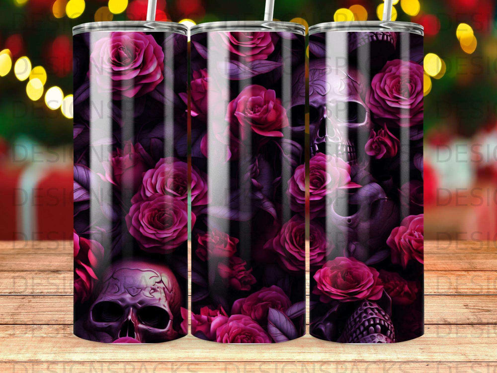 Floral skulls tumbler design with pink and purple roses.