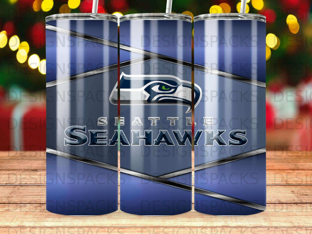 Seattle Seahawks logo on a blue striped tumbler.