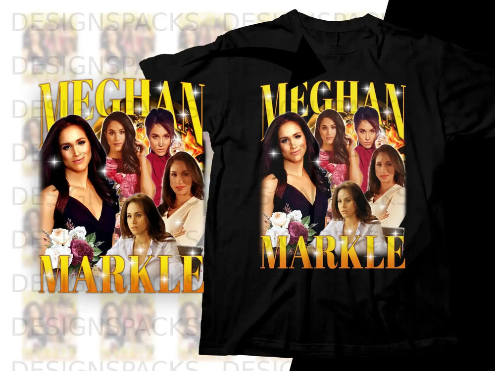 Black t-shirt featuring Meghan Markle with floral accents.