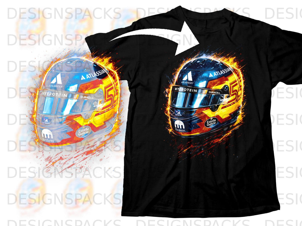 Black t-shirt featuring a flaming racing helmet design with sponsors.