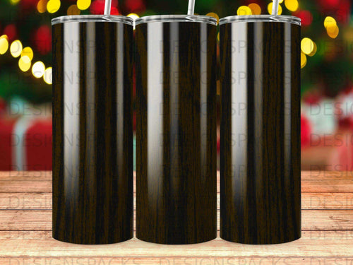 Three identical tumblers with a dark wood grain pattern stand in a row.