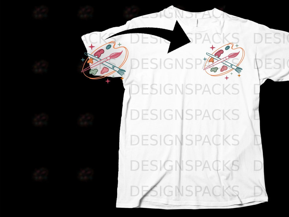 White t-shirt with an artist's palette and brushes graphic on the chest.