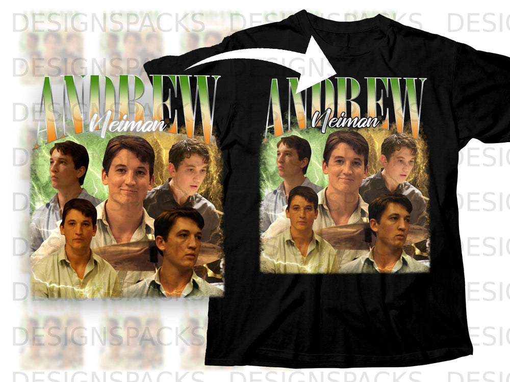 "Andrew Neiman" text overlay on a black t-shirt with multiple portraits.