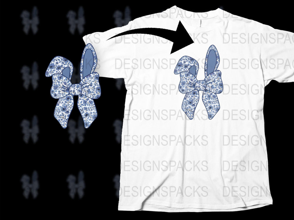 Designer White T-Shirt with Blue Bow Graphic Print, Casual Unisex Fashion Top