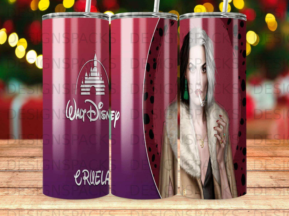 Cruella Disney tumbler with characters and logo.