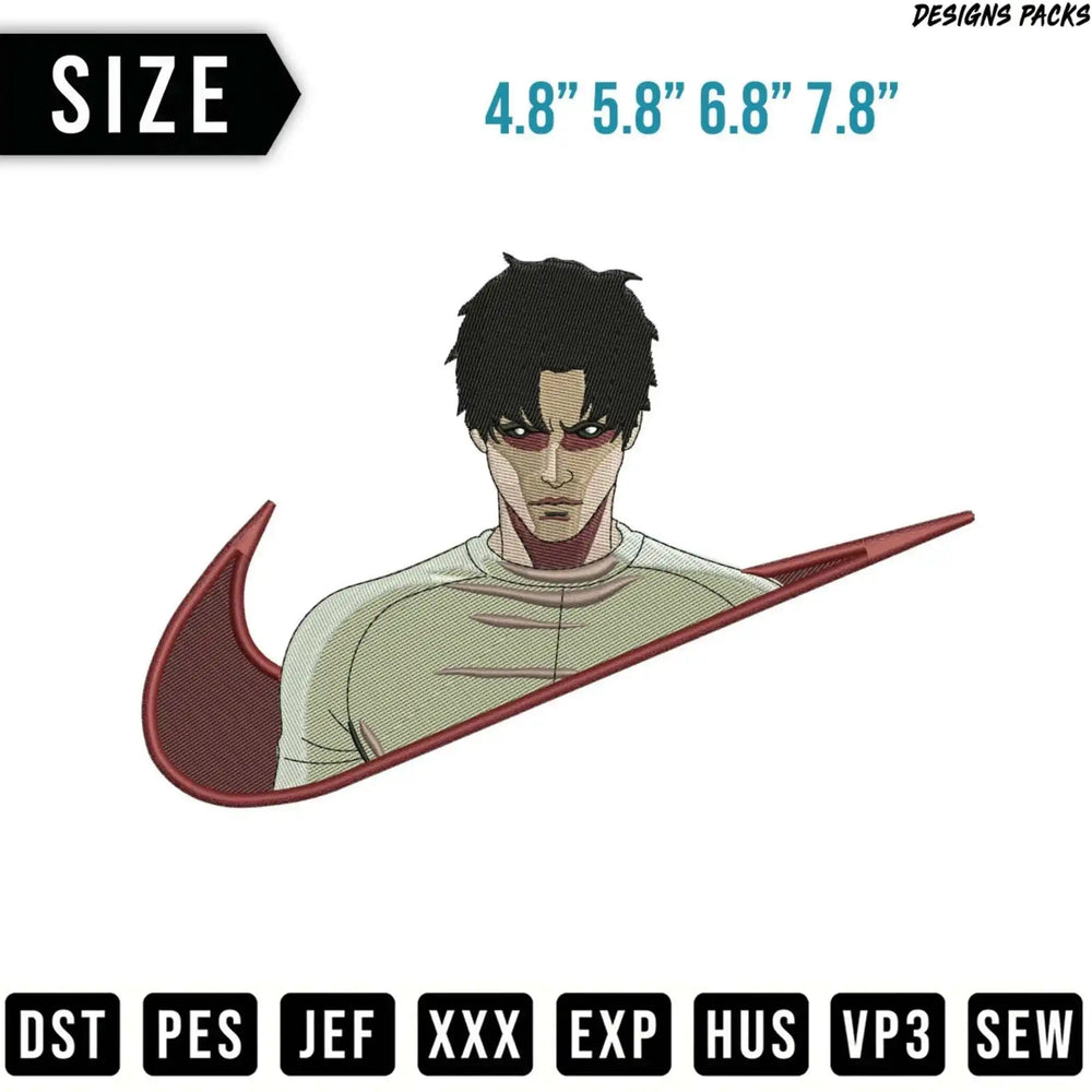 Embroidery design of a man's face with a swoosh logo behind his head.