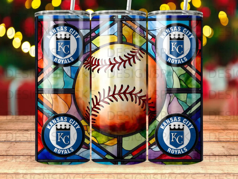 Kansas City Royals baseball tumbler with stained glass and baseball design.