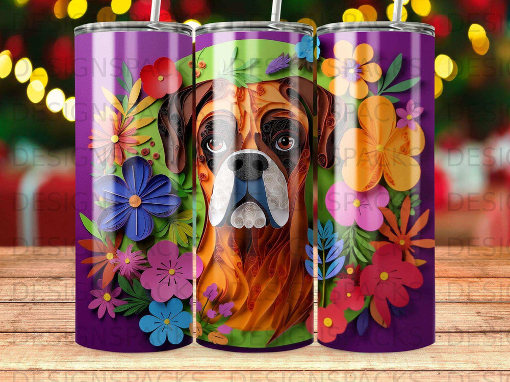Boxer dog portrait surrounded by colorful floral paper quilling art.
