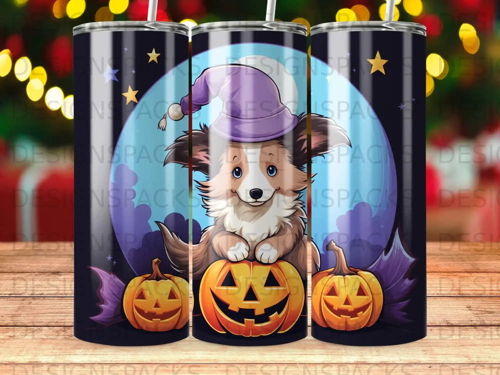 Cute corgi wearing a witch hat sits on a pumpkin with Halloween decorations.