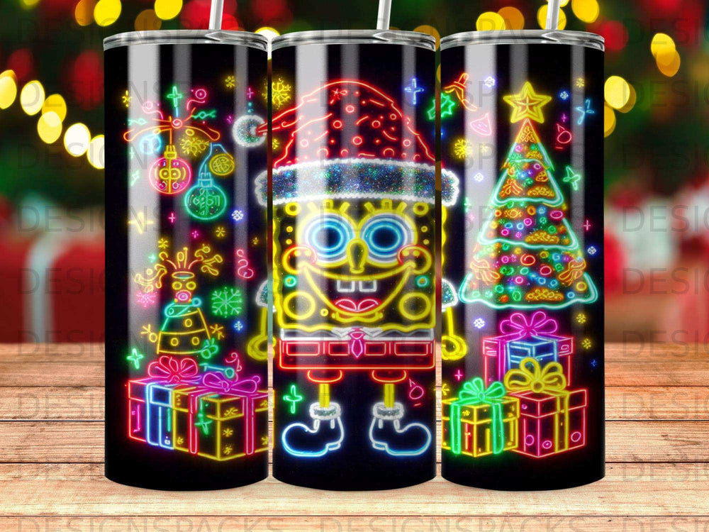 SpongeBob SquarePants in Santa hat with neon Christmas lights and gifts.