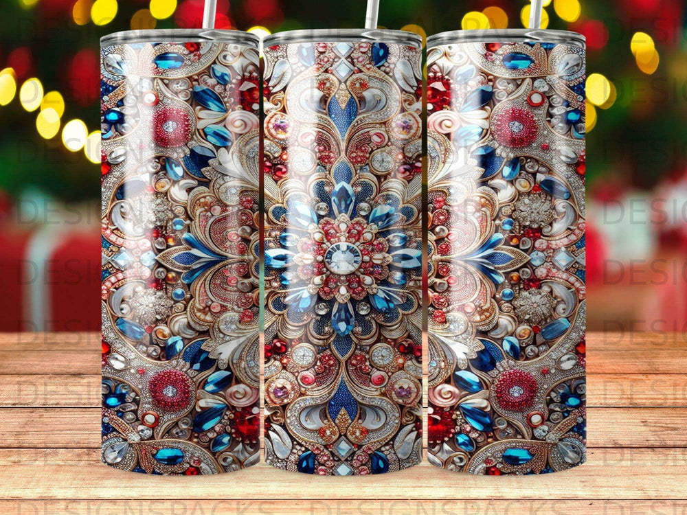 Glittering ornate mandala pattern with red and blue jewels on a tumbler.
