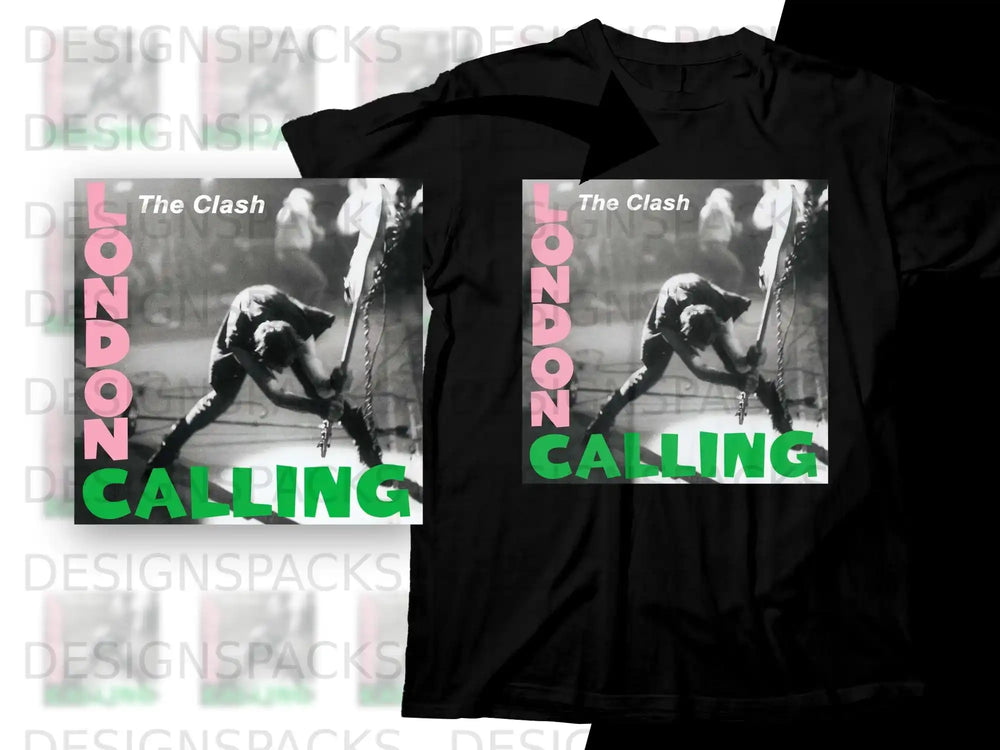 The Clash London Calling album cover art on a black t-shirt.