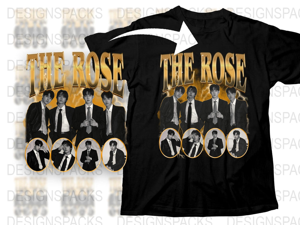 Black T-Shirt with Gold Lettering and Multiple Portrait Graphics, Stylish Fan Merchandise