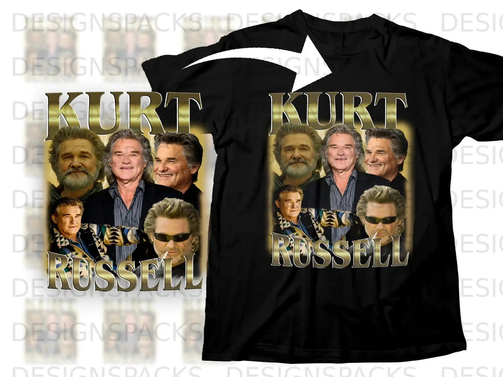 Kurt Russell graphic on a black t-shirt with text overlay.