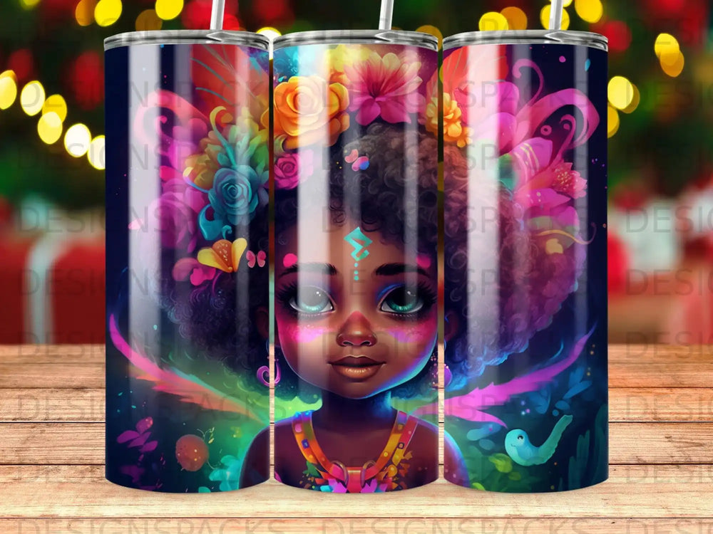 Child with colorful floral headdress and glowing eyes on a starry background.