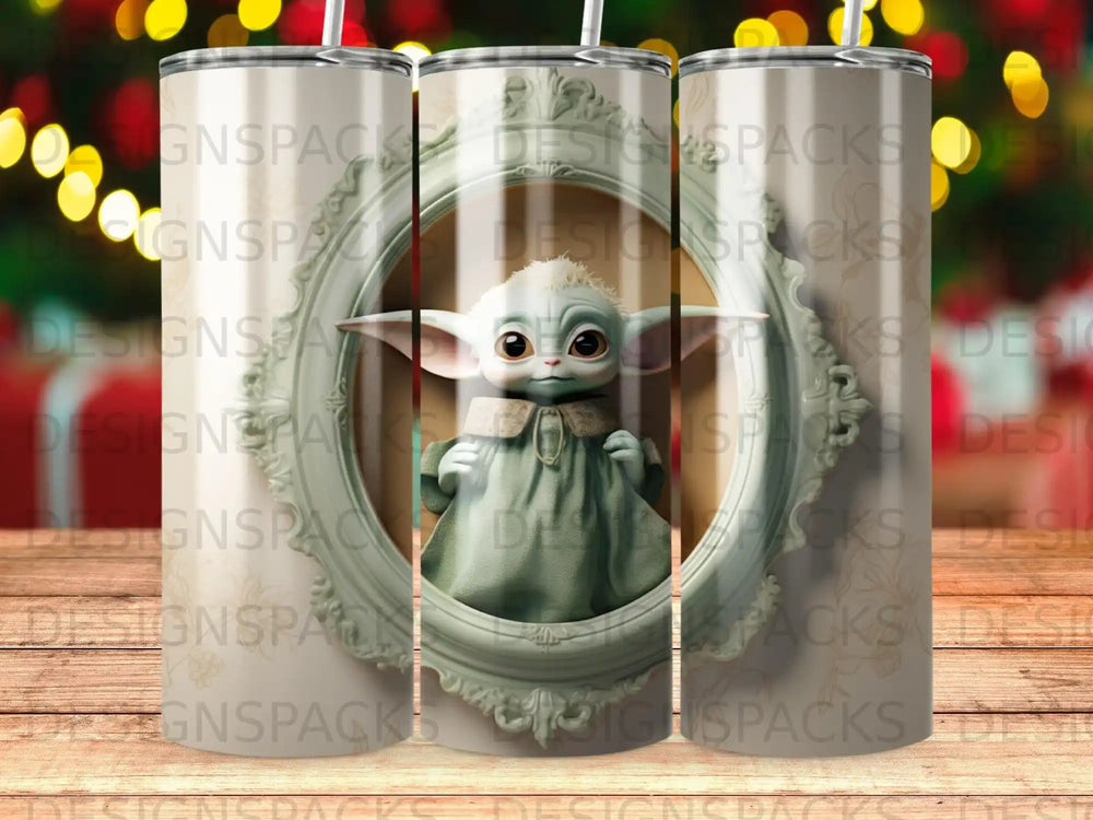 Grogu in a green robe framed by an ornate white oval border.