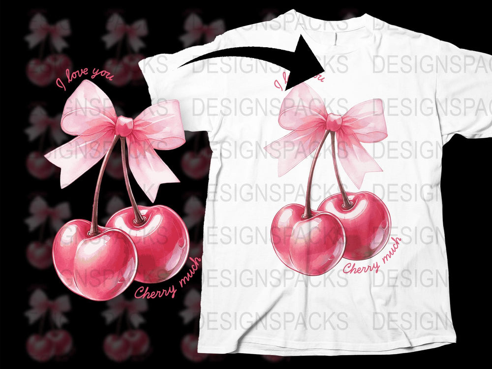 Cherry Love Graphic T-Shirt, Cute Pink Bow and Hearts Tee, Romantic Casual Wear, Valentine's Day Gift Idea