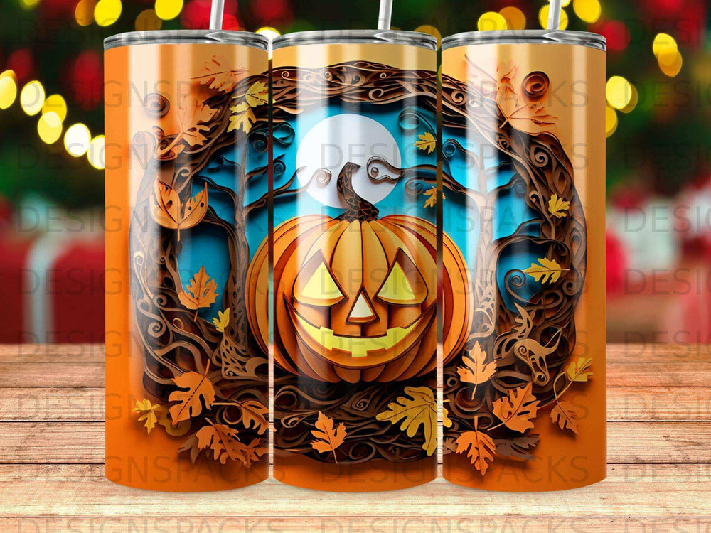 Jack-o'-lantern with glowing eyes under a full moon, surrounded by autumn leaves.