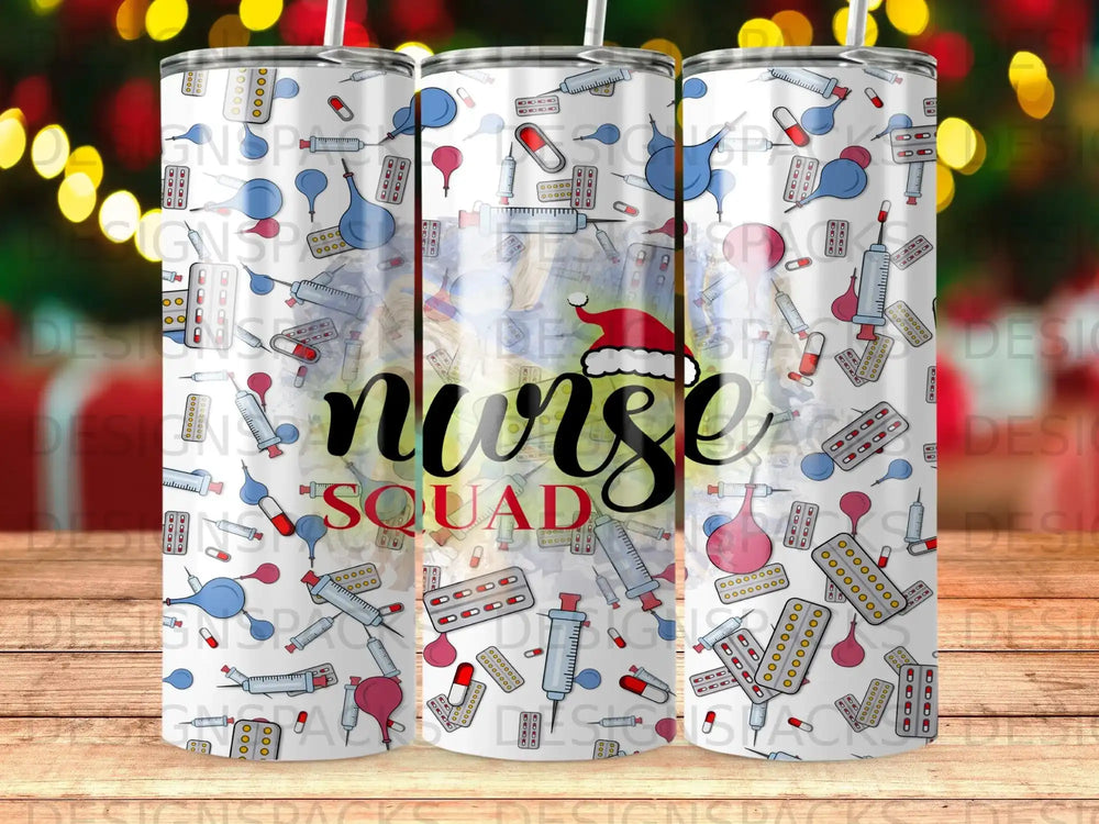 Nurse Squad text on a white tumbler with medical icons and a Santa hat.