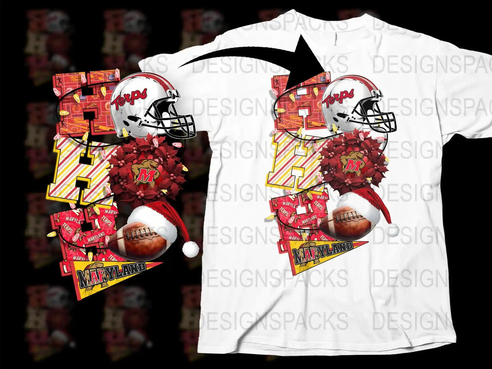Maryland Football Themed T-Shirt, White Tee with Helmet Graphics, College Sports Apparel