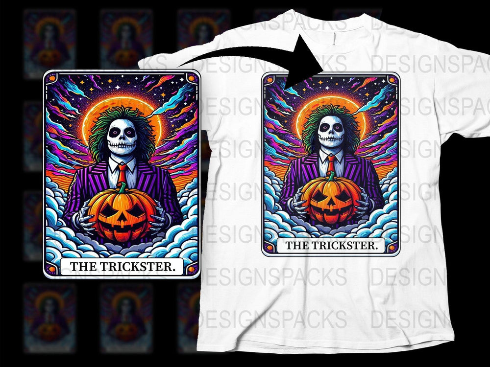 Halloween Tarot Card T-Shirt, The Trickster, Pumpkin Graphic Tee, Skeleton Design, Full Color, Unisex Fit