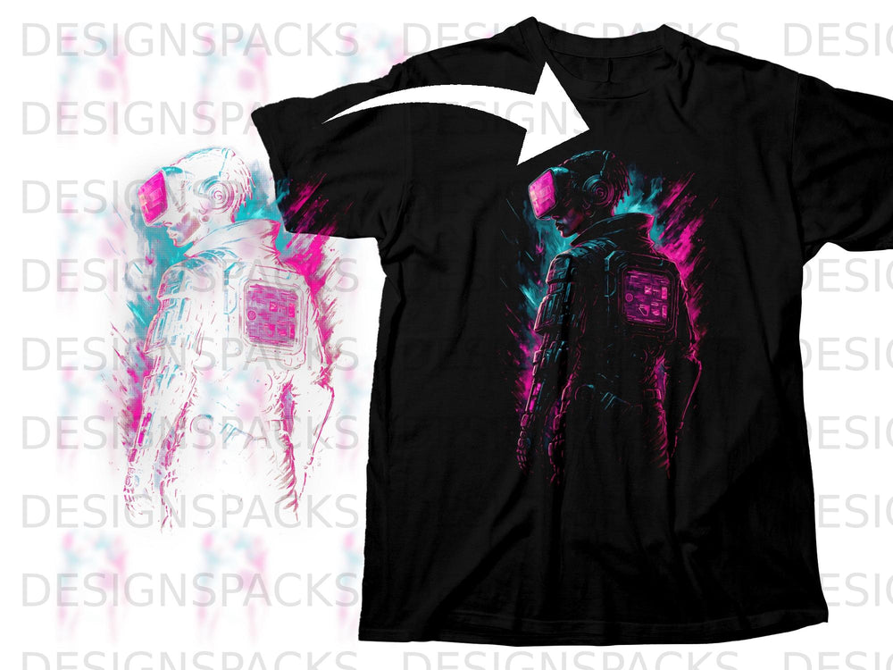 Black t-shirt with neon pink and blue graphic of a person in VR goggles.