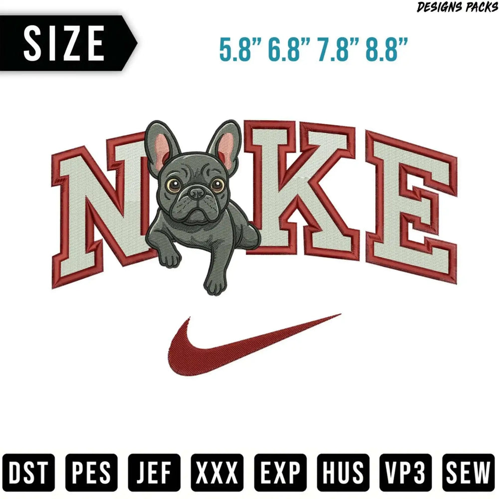 French bulldog with Nike logo and size options.