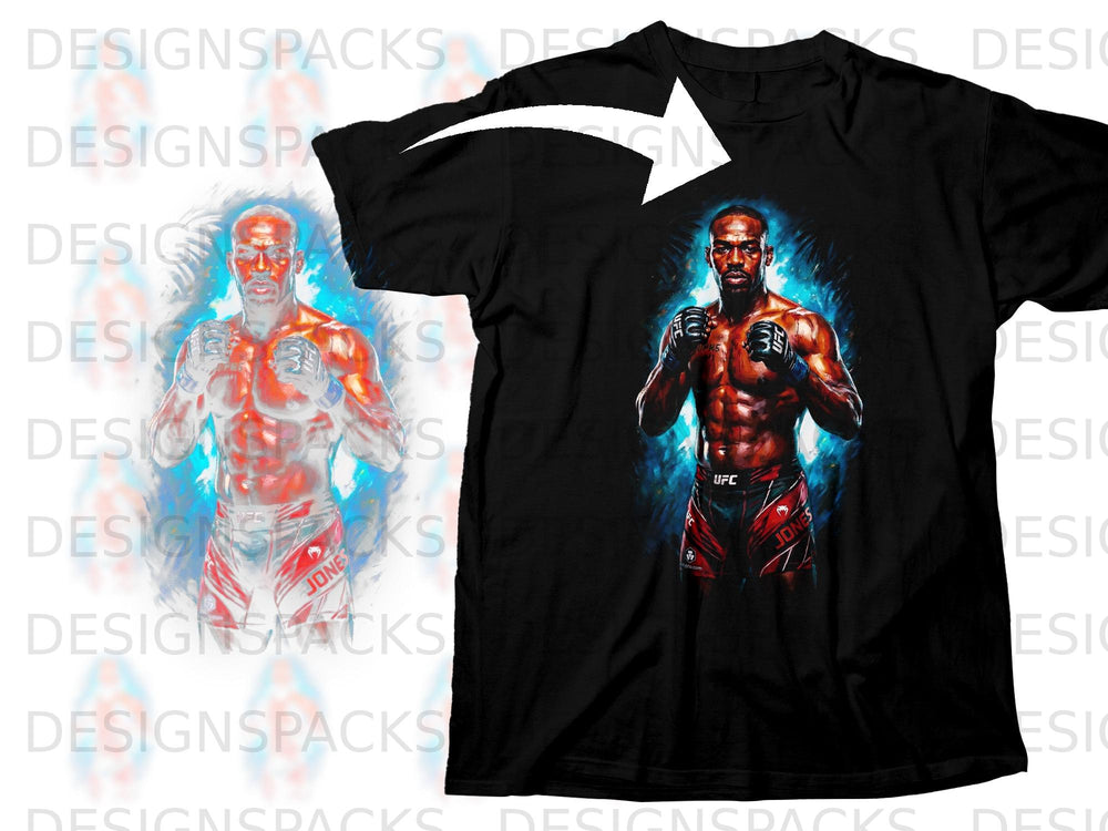 Black t-shirt with UFC fighter Jon Jones graphic and UFC logo.