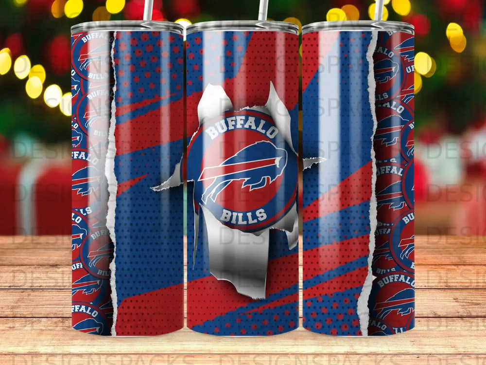 Buffalo Bills distressed logo on a red and blue patterned tumbler.