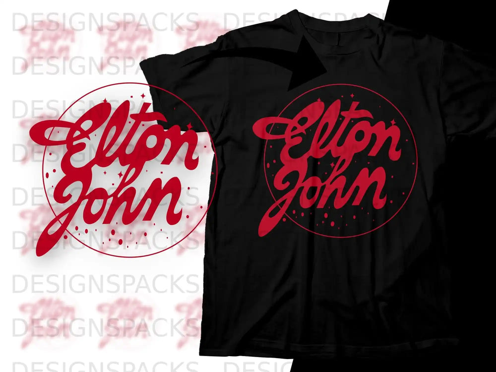 Black t-shirt with red Elton John circular logo.