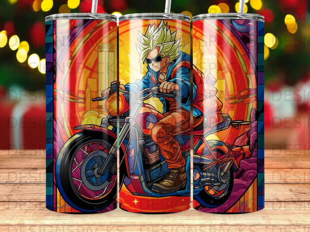 Goku on a motorcycle in vibrant, stained-glass style artwork.