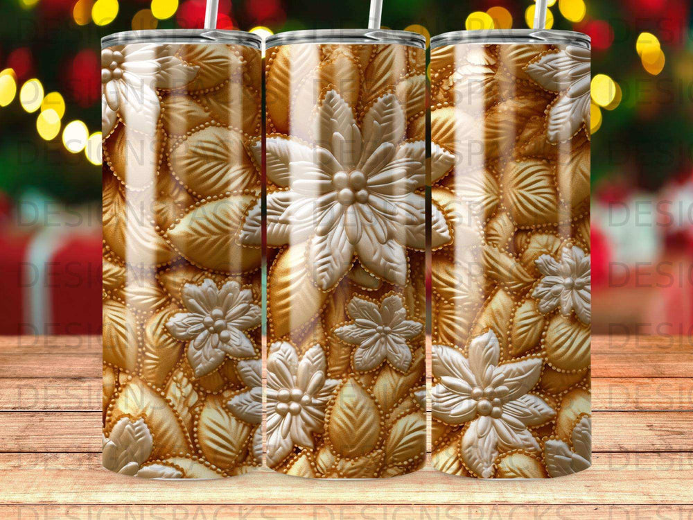Golden embossed floral pattern on a cylindrical tumbler with bokeh lights.
