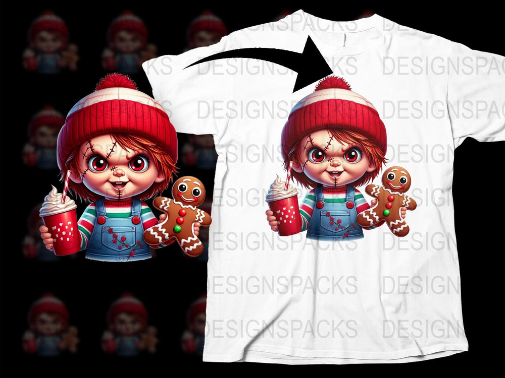 Cute Christmas T-Shirt, Festive Elf Girl with Hot Chocolate and Gingerbread, Holiday Apparel for Kids and Adults