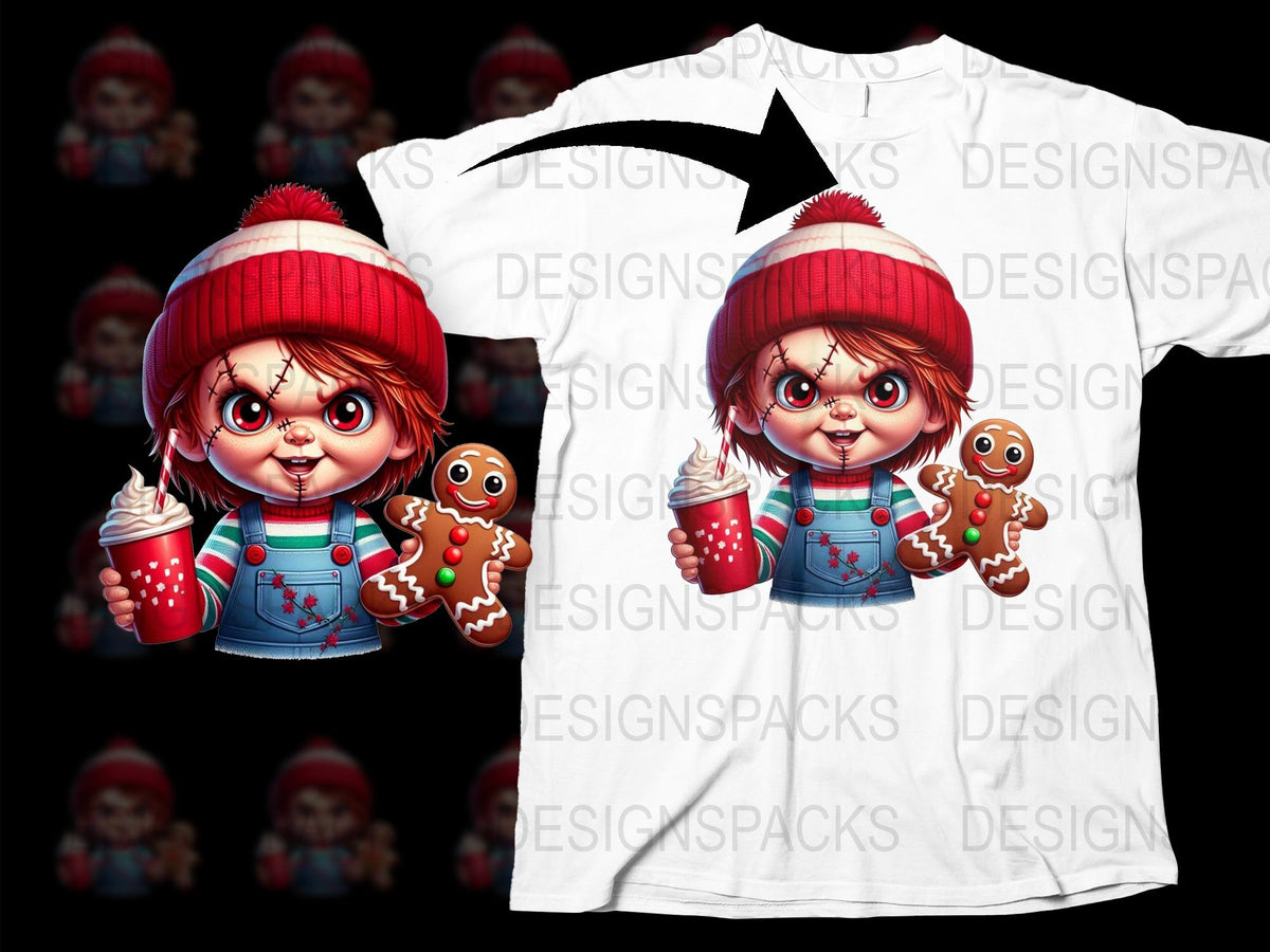 Cute Christmas T-Shirt, Festive Elf Girl with Hot Chocolate and Gingerbread, Holiday Apparel for Kids and Adults