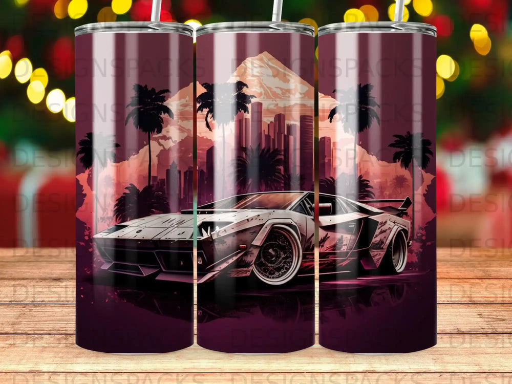 Cyberpunk supercar with palm trees and cityscape, 20 oz tumbler design.