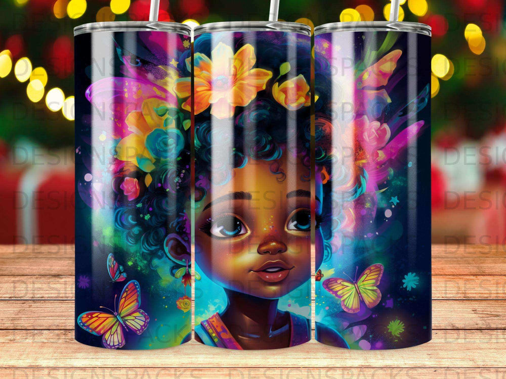 Cartoon girl with colorful curly hair and butterflies, fantasy art.