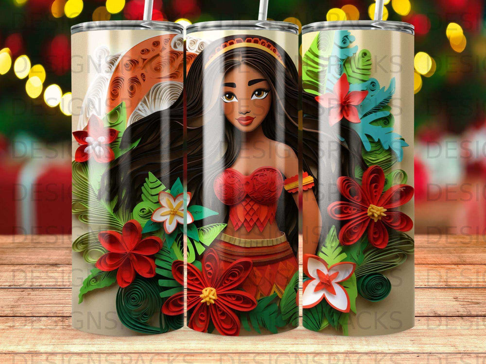 Moana character with red floral dress and long dark hair, surrounded by paper flowers.