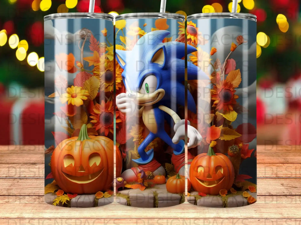 Sonic the Hedgehog with pumpkins and autumn foliage on a tumbler.