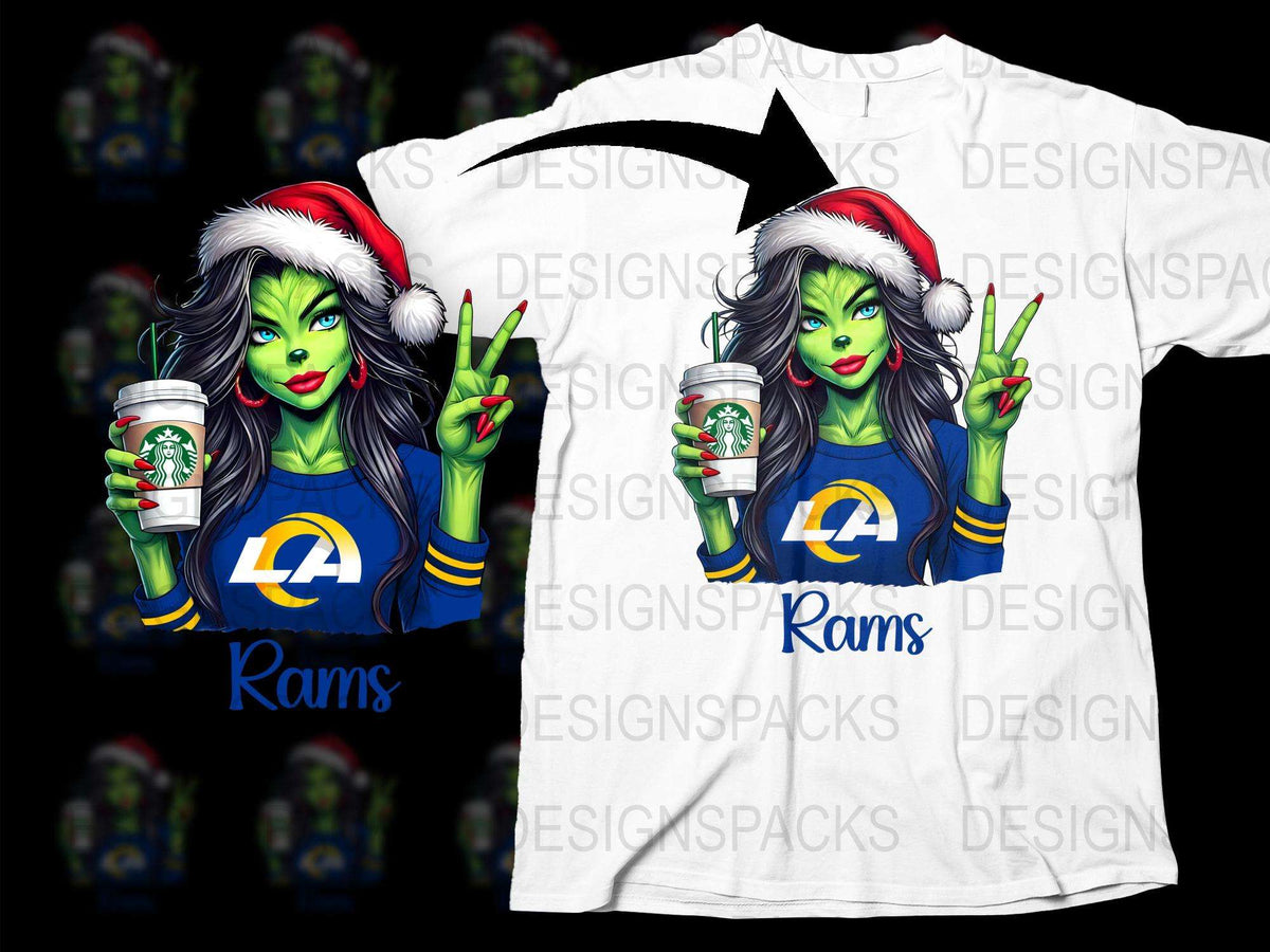 Festive Green Monster Girl T-Shirt, LA Rams Fan Apparel, Christmas Holiday Tee, Unique Graphic Design Shirt