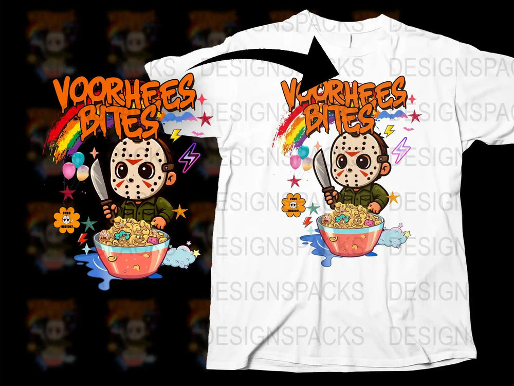Voorhees Bites Horror Cartoon Graphic T-Shirt, Colorful Funky Jason Inspired Tee, Unisex Casual Streetwear