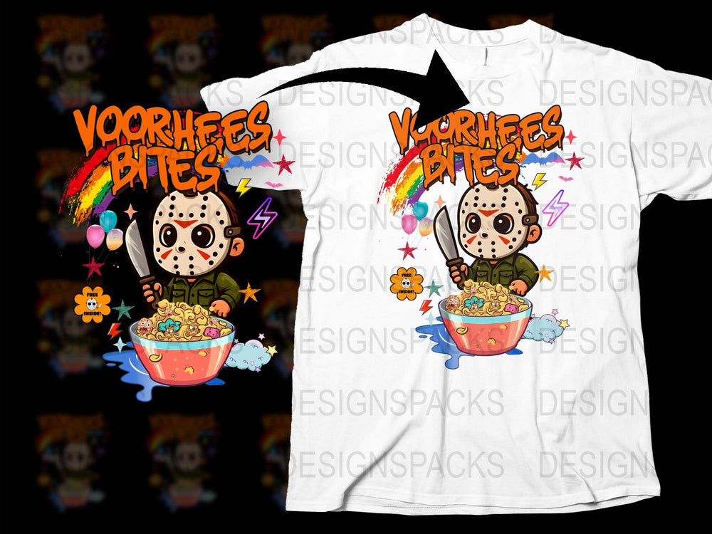 Voorhees Bites Horror Cartoon Graphic T-Shirt, Colorful Funky Jason Inspired Tee, Unisex Casual Streetwear