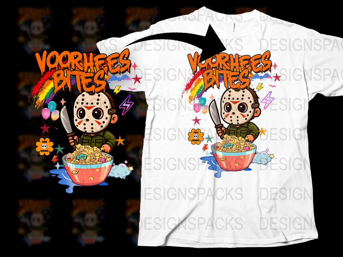 Voorhees Bites Horror Cartoon Graphic T-Shirt, Colorful Funky Jason Inspired Tee, Unisex Casual Streetwear