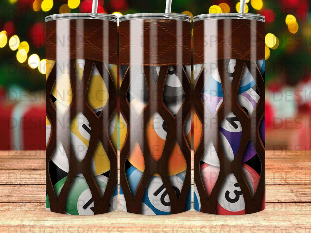 Tumbler cup with billiard balls visible through a net pattern.