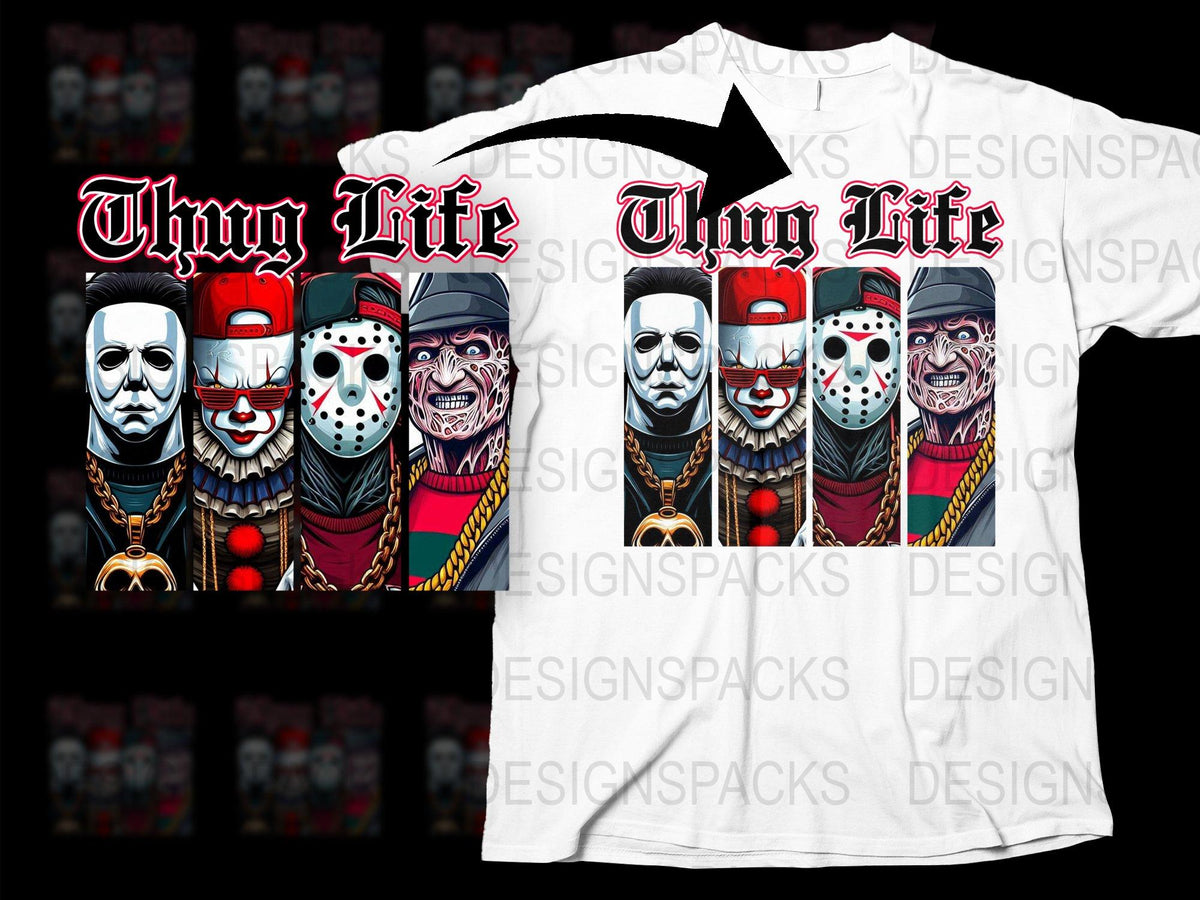 Thug Life Clown Horror Mask Graphic T-Shirt, Unisex Halloween Tee, Horror Movie Fan Apparel, Unique Hip Hop Style Clothing