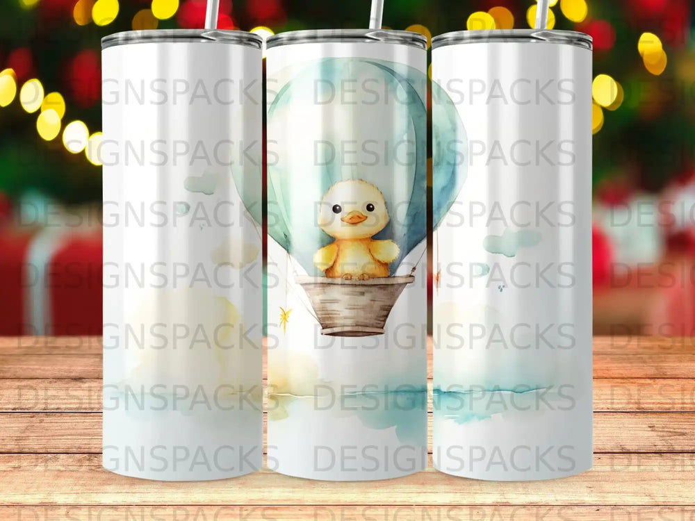 Yellow duck in hot air balloon with "DESIGNSPACKS" watermark.