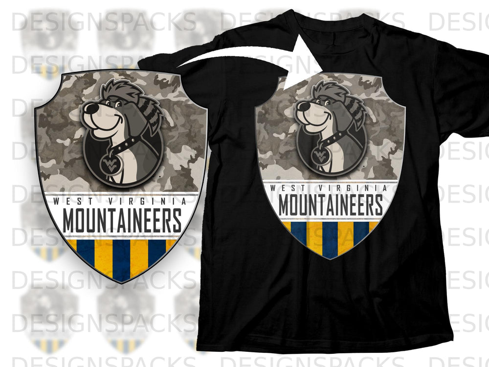 West Virginia Mountaineers logo with cartoon dog on black t-shirt.