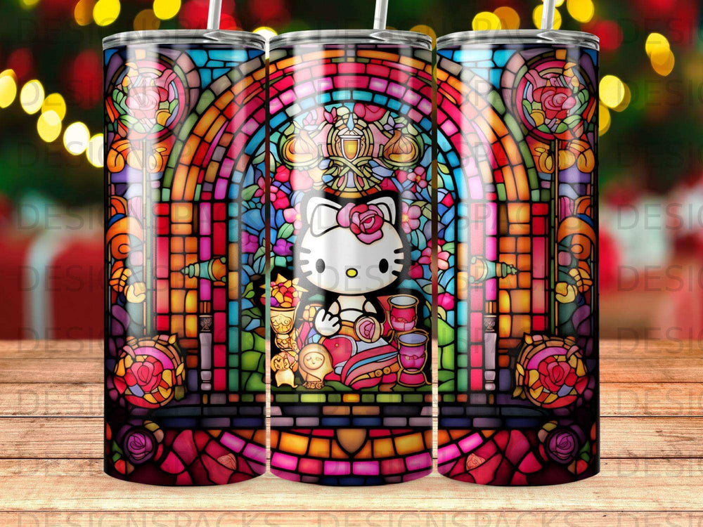 Stained glass pattern featuring Hello Kitty holding scales, surrounded by roses and geometric designs.