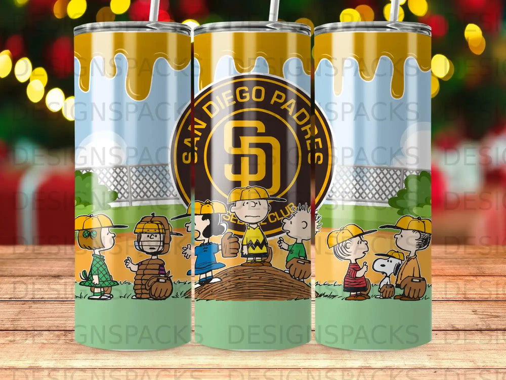 San Diego Padres themed tumbler with Charlie Brown characters and baseball motifs.
