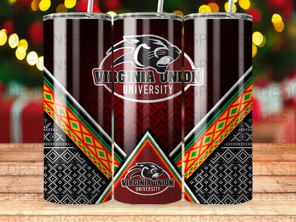 Virginia Union University tumbler with panther logo and geometric patterns.